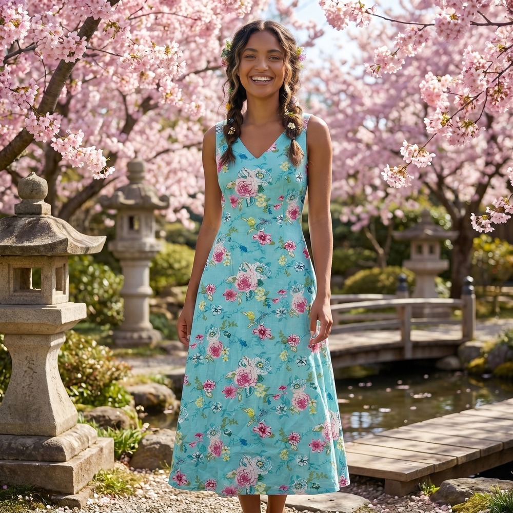 Max & Lily Floral Maxi Dress Women 6 Blue Linen Blend Cottagecore Boho